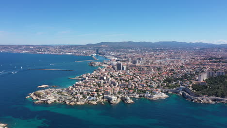 Aerial-global-view-of-Marseille-sunny-day,-pointe-cadière-mediterranean-city